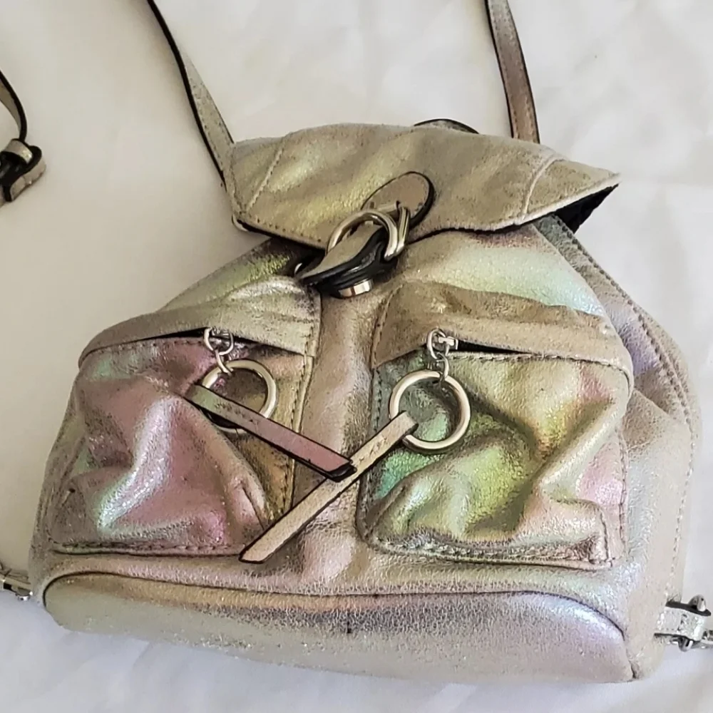 Aldo Mini Backpack Shiny Silver Faux Leather Bag 90s Rave Metallic Bag